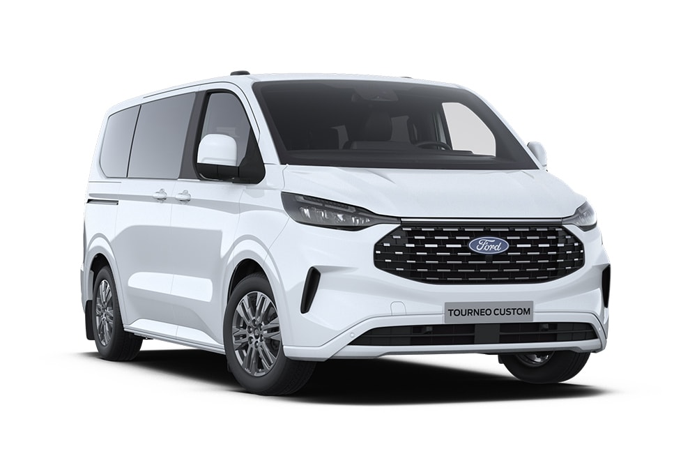 Angolo anteriore sinistro di un Ford Tourneo Custom Titanium bianco.