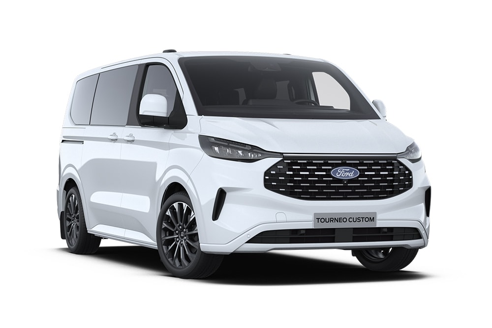 Angolo anteriore sinistro di un Ford Tourneo Custom Titanium X bianco.