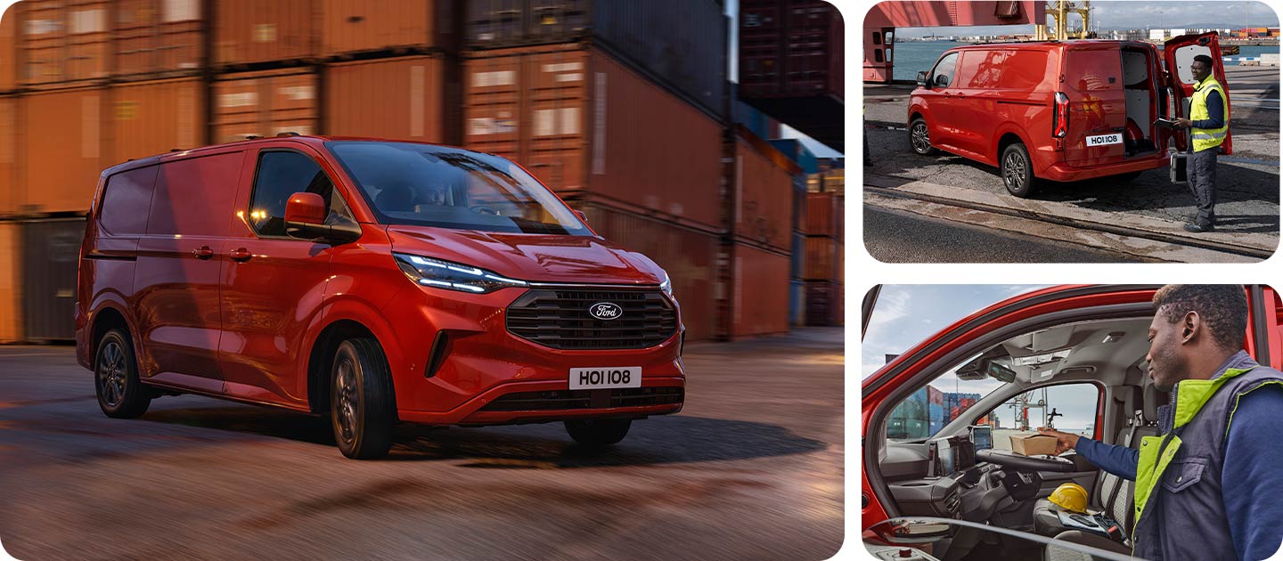 Red Ford Transit Custom van drives through a dock yard. 