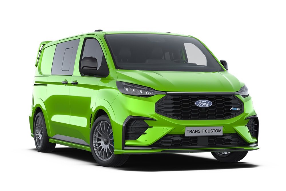 Ford E-Transit Custom MS-RT doppia cabina grigio scuro, vista frontale.