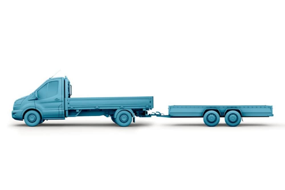 Schizzo blu di un Ford Transit Chassis Cab con rimorchio attaccato. 