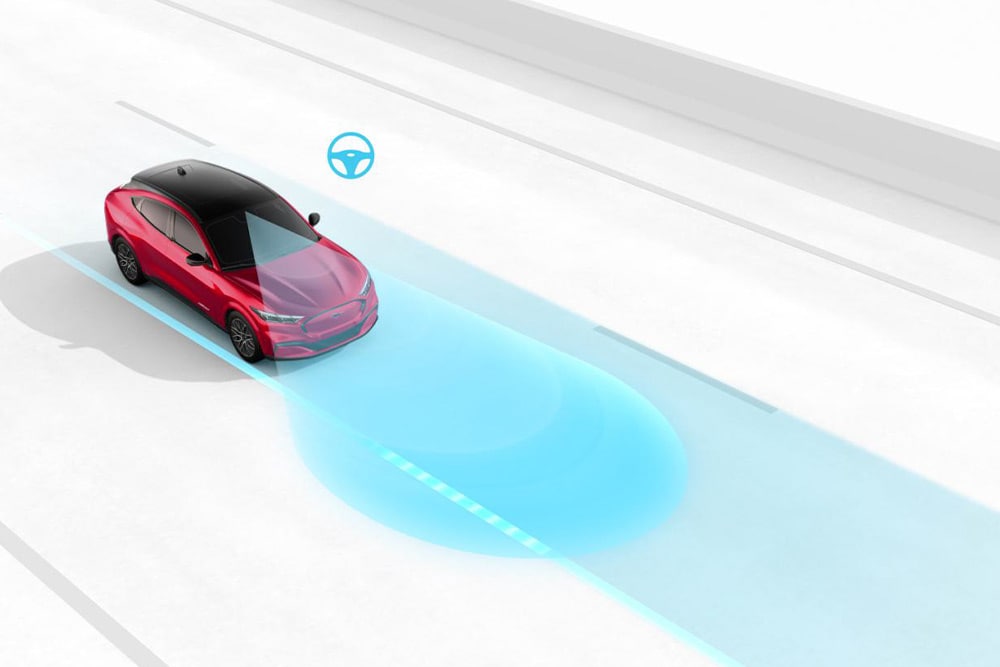 Grafica che illustra il sistema di mantenimento delle corsie su un veicolo Ford.