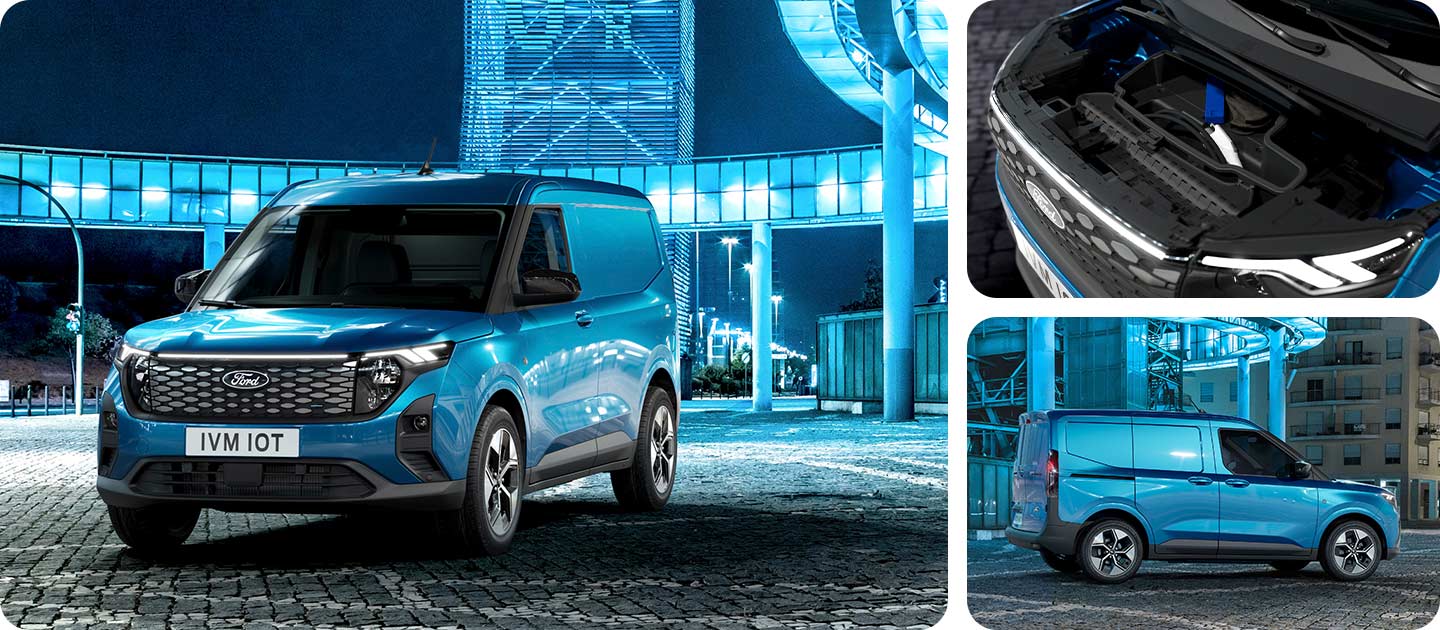 Ford E-Transit Courier blu – Vista anteriore