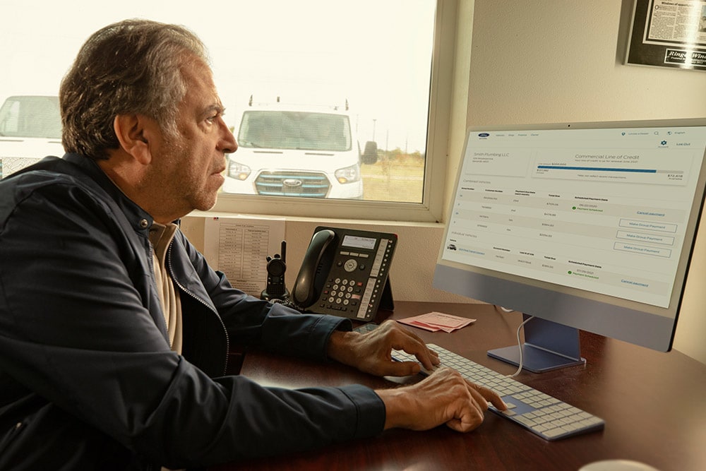 Una persona esamina i dati della propria flotta Ford su un computer desktop.