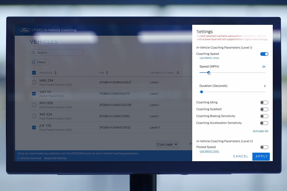 Un dashboard che mostra le funzionalità di coaching in-vehicle di Ford.